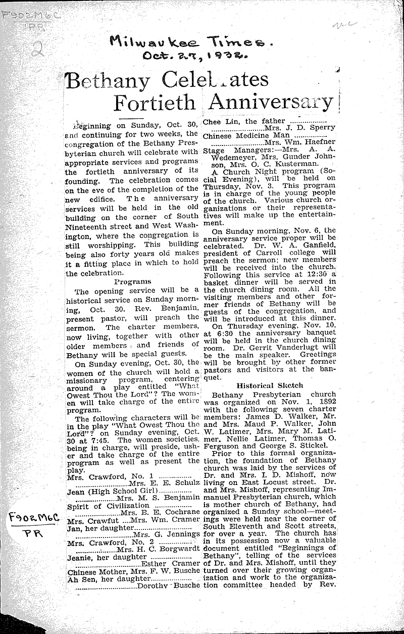  Source: Milwaukee Times Topics: Church History Date: 1932-10-27