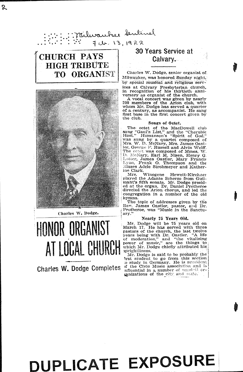  Source: Milwaukee Sentinel Topics: Church History Date: 1921-10-09