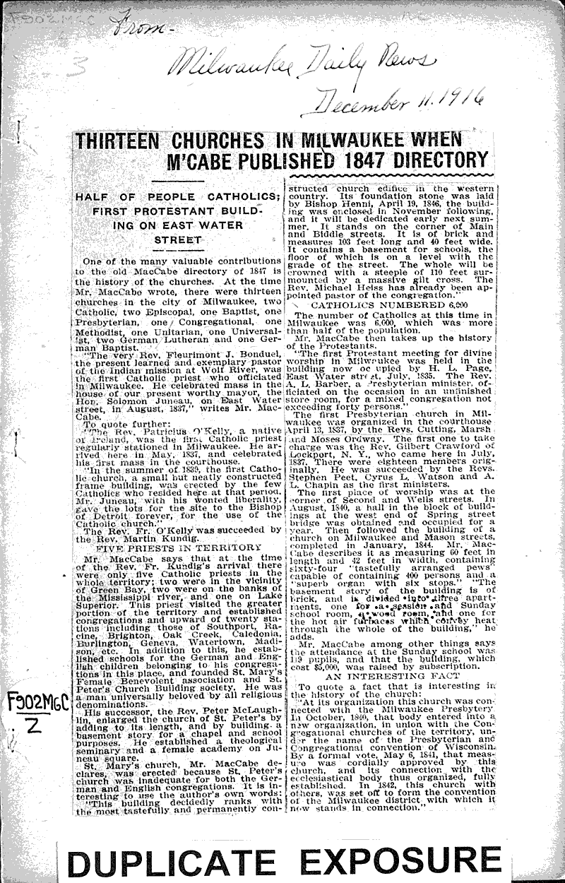  Source: Milwaukee Daily News Topics: Church History Date: 1916-12-11
