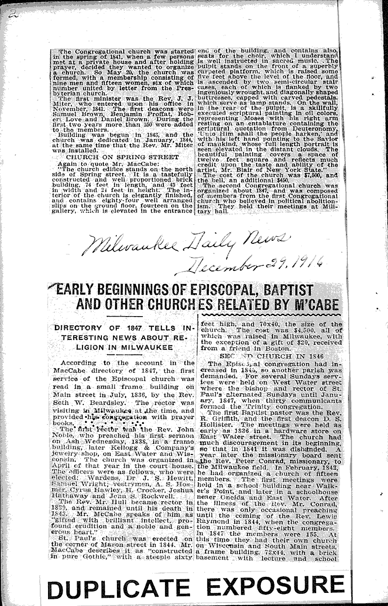 Source: Milwaukee Daily News Topics: Church History Date: 1916-12-11