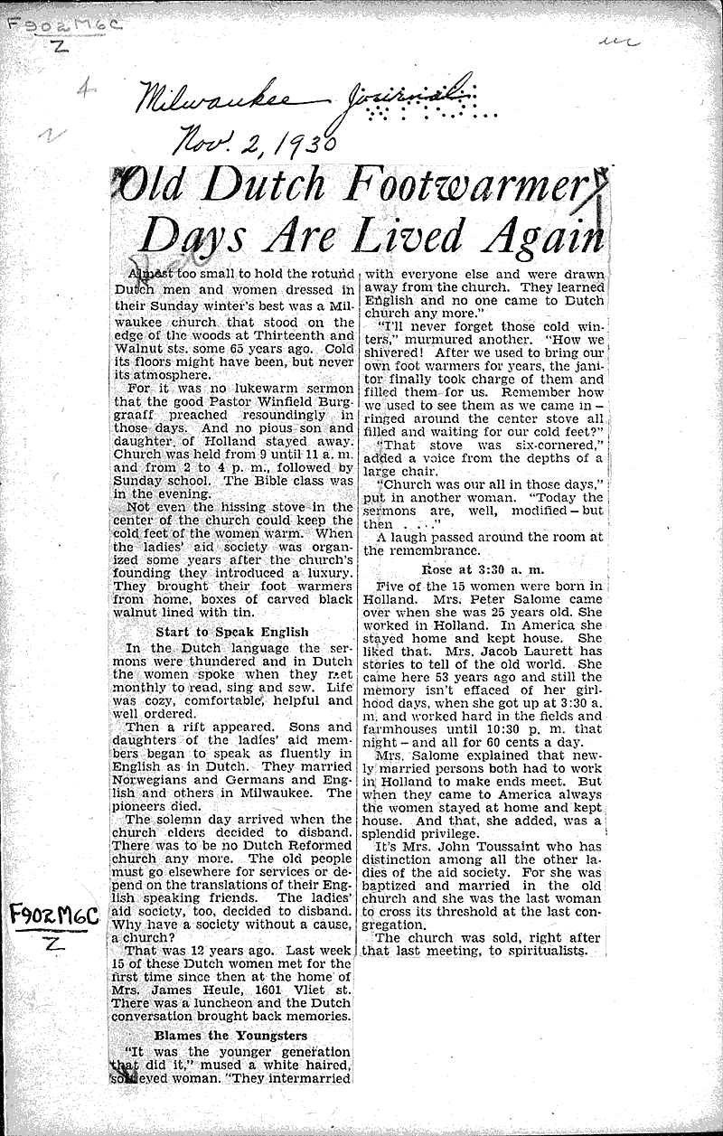  Source: Milwaukee Journal Topics: Church History Date: 1930-11-02