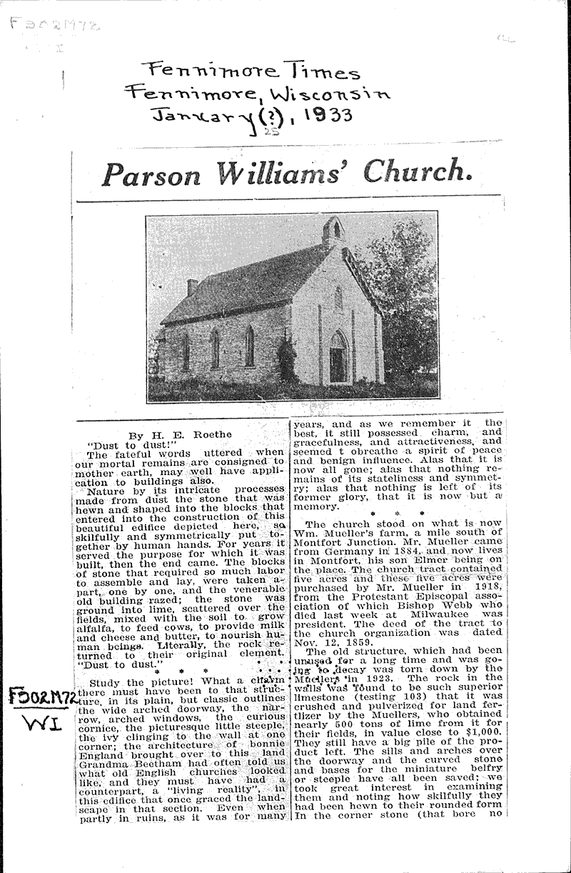  Source: Fennimore Times Topics: Church History Date: 1933-01-??