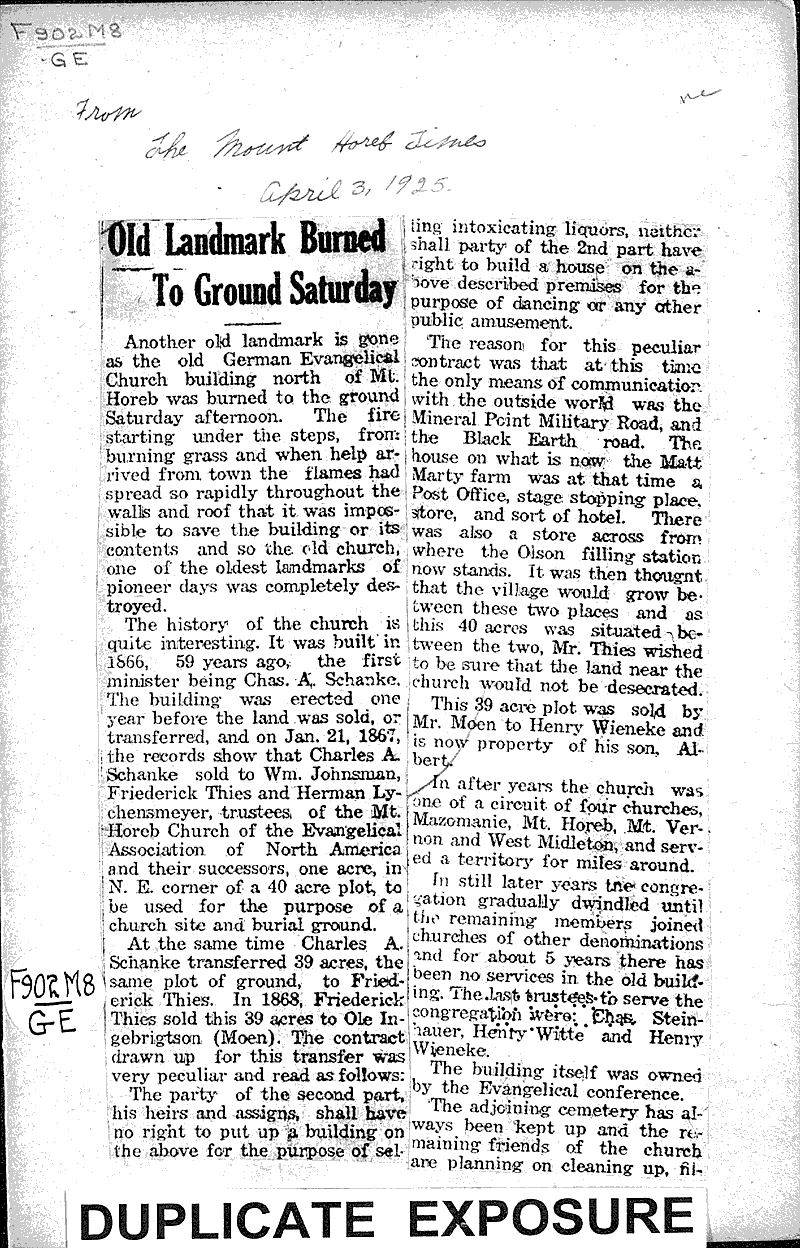  Source: Mount Horeb Times Topics: Church History Date: 1925-04-03