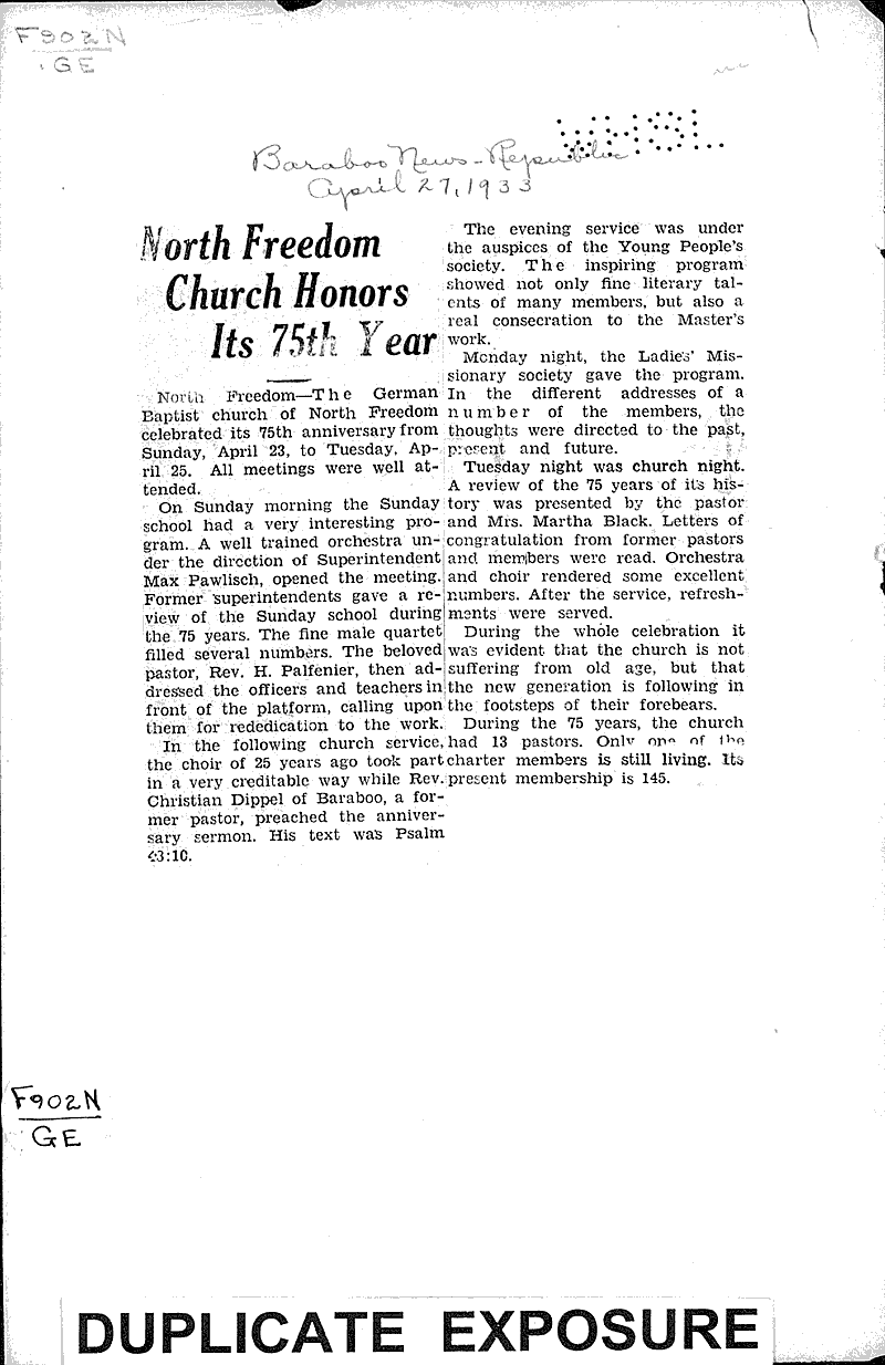 Source: Baraboo News Republic Topics: Church History Date: 1933-04-27