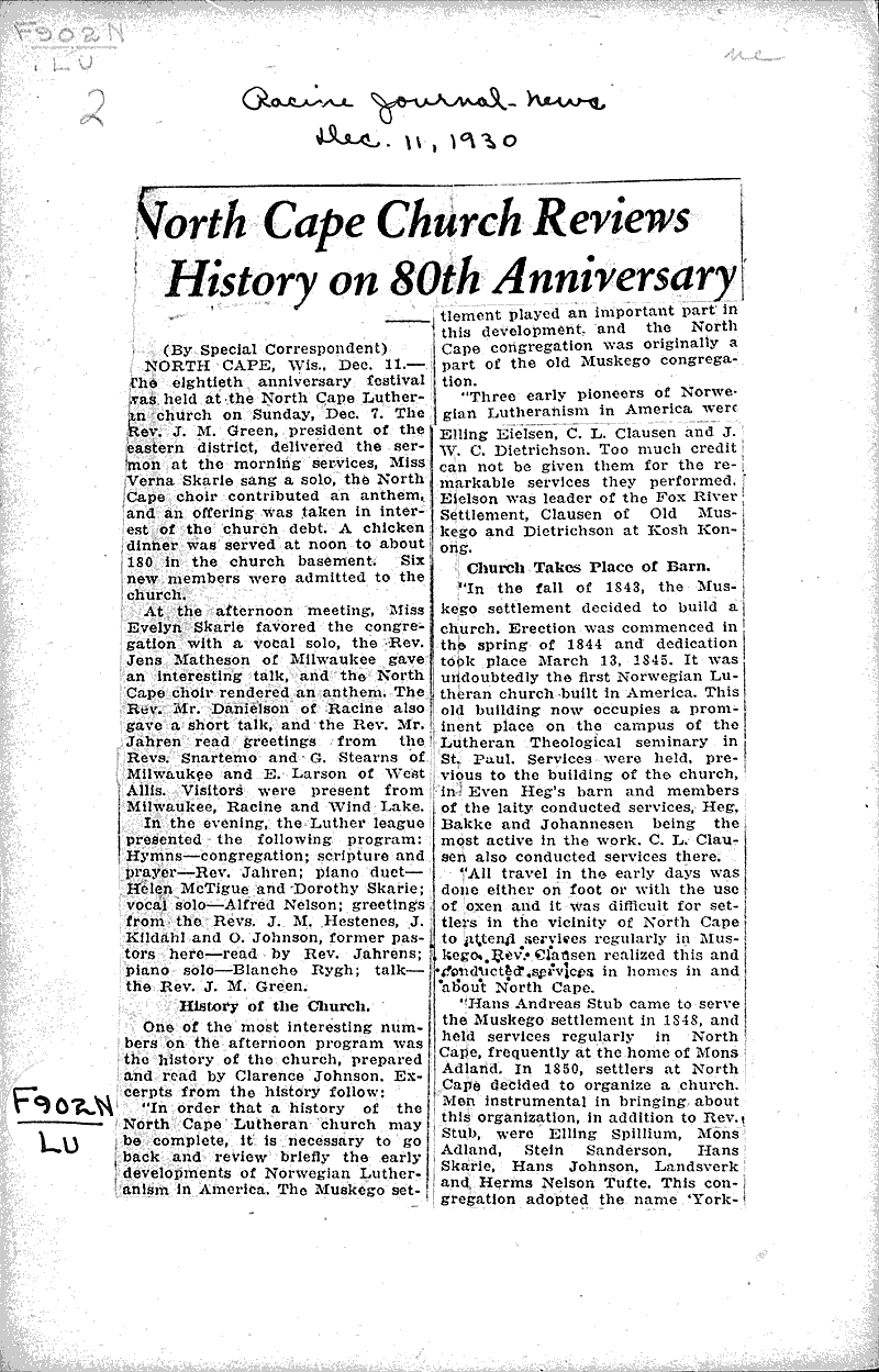  Source: Racine Journal-News Topics: Church History Date: 1930-12-11