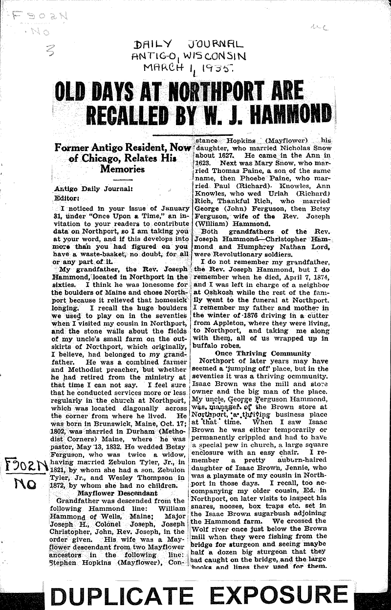 Old days at Northport are recalled by W.J. Hammond Source: Antigo Daily Journal Date: 1935-03-01