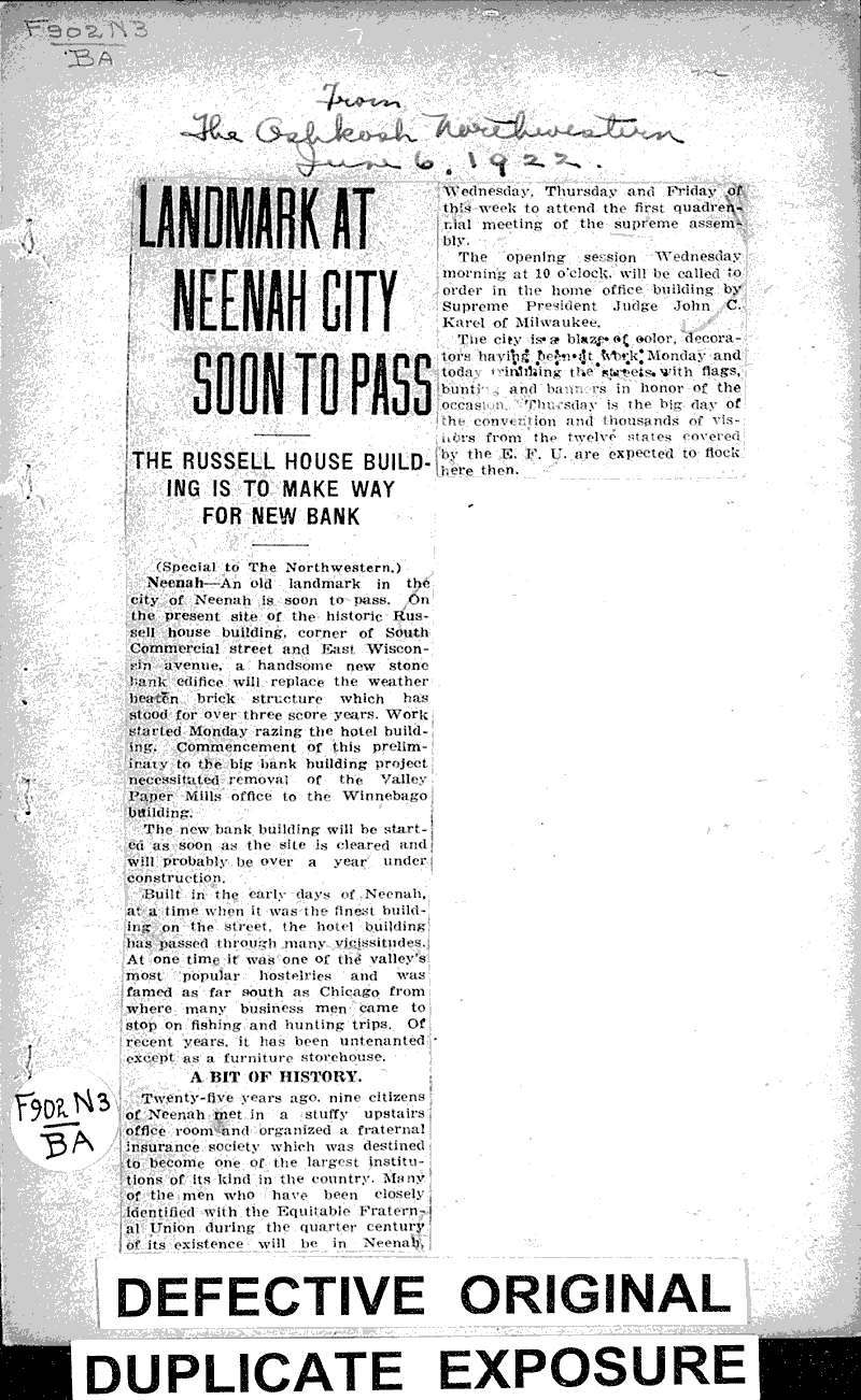 Landmark at Neenah City soon to pass Source: Oshkosh Northwestern Topics: Architecture Date: 1922-06-06