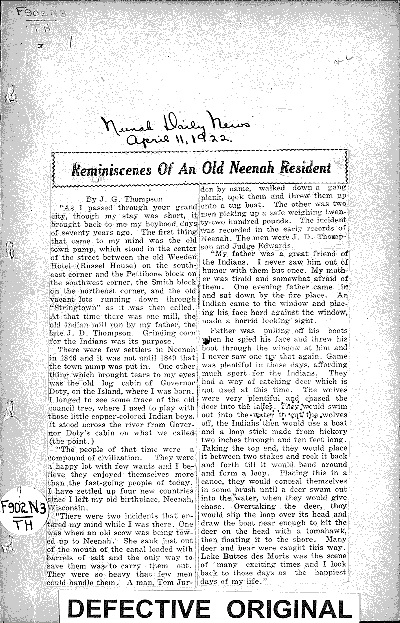 Reminiscenes of an old Neenah resident Source: Neenah Daily News Date: 1922-04-11
