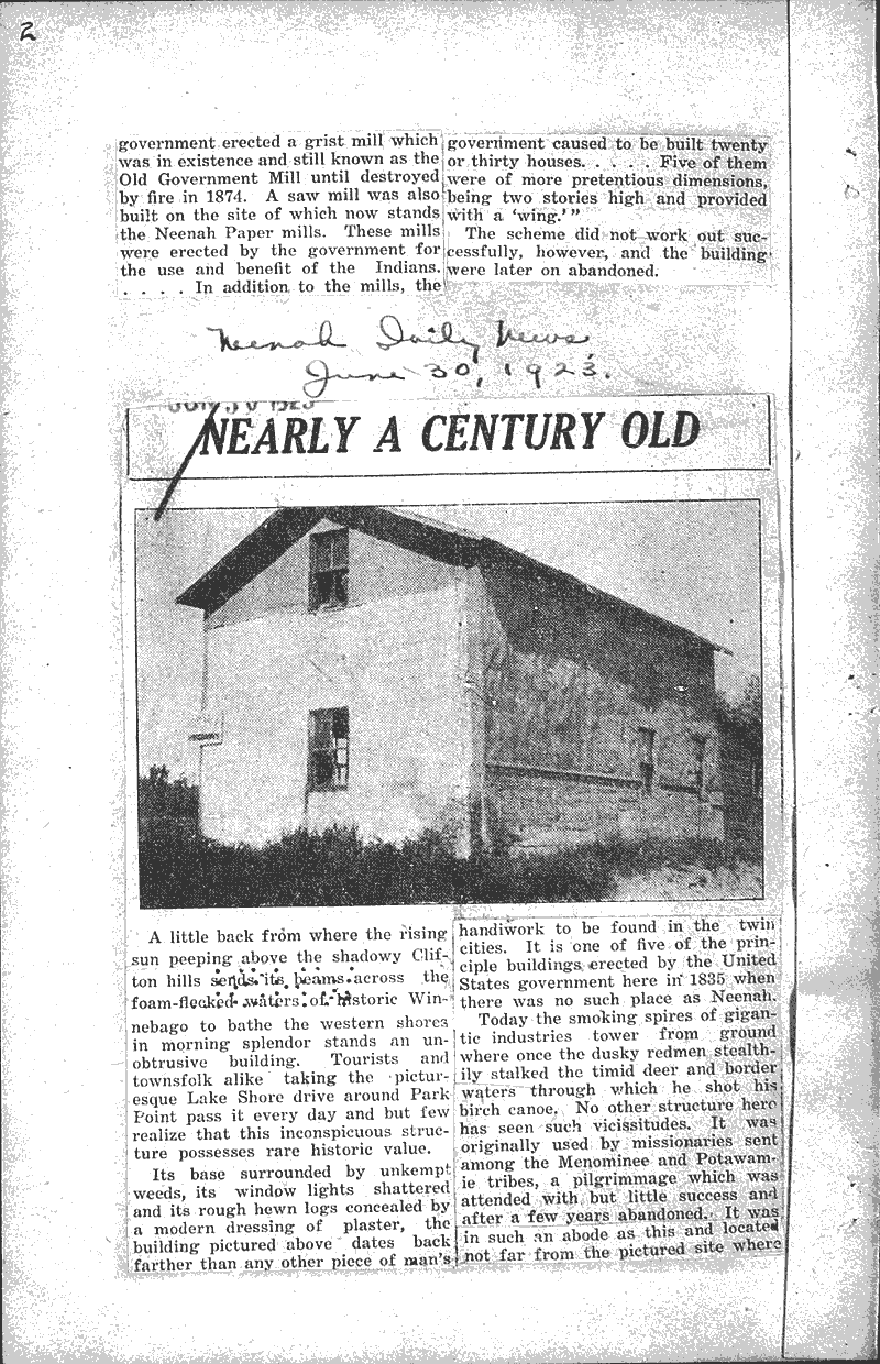 Launch plan to preserve old landmark Source: Neenah Daily News Topics: Architecture Date: 1923-06-25