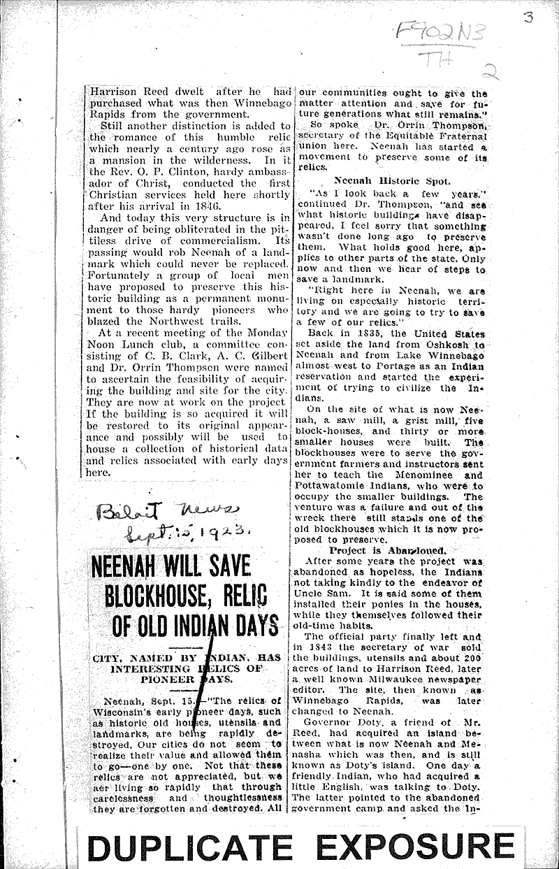 Launch plan to preserve old landmark Source: Neenah Daily News Topics: Architecture Date: 1923-06-25