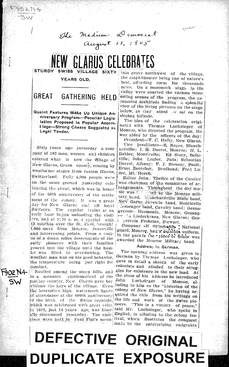 New Glarus celebrates Source: Madison Democrat Topics: Immigrants Date: 1905-08-17