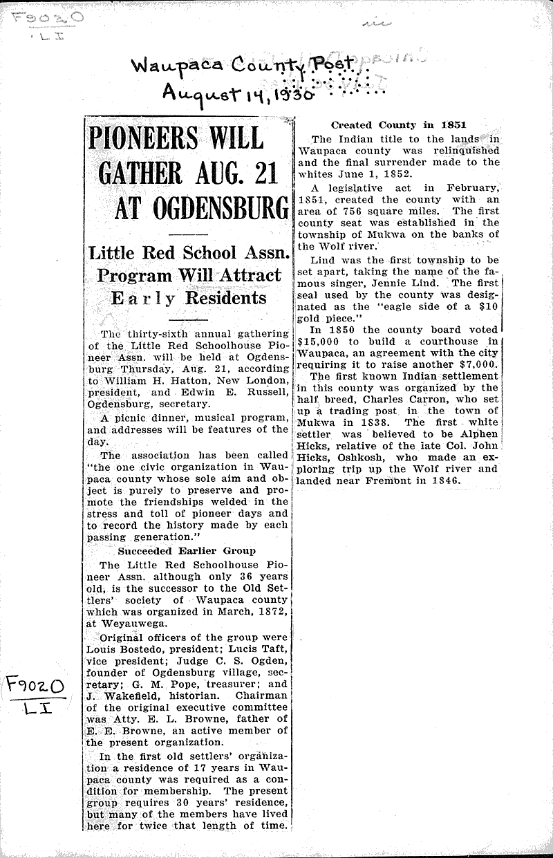  Source: Waupaca County Post Topics: Indians and Native Peoples Date: 1930-08-14