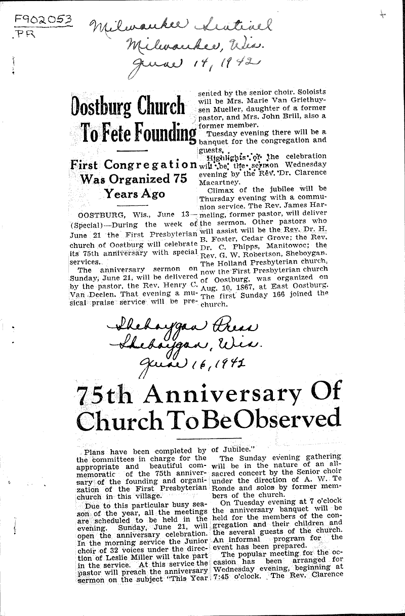  Source: Milwaukee Sentinel Topics: Church History Date: 1942-06-14