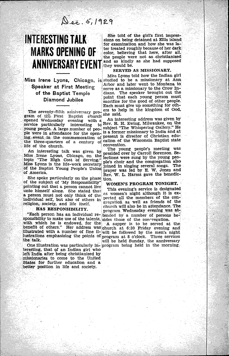  Source: Oshkosh Northwestern Topics: Church History Date: 1929-12-03