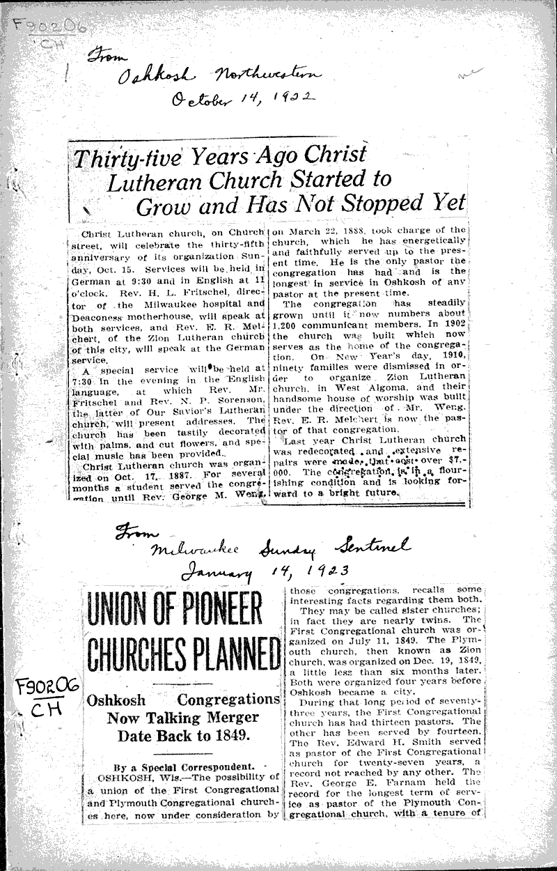  Source: Oshkosh Daily Northwestern Topics: Church History Date: 1922-10-14