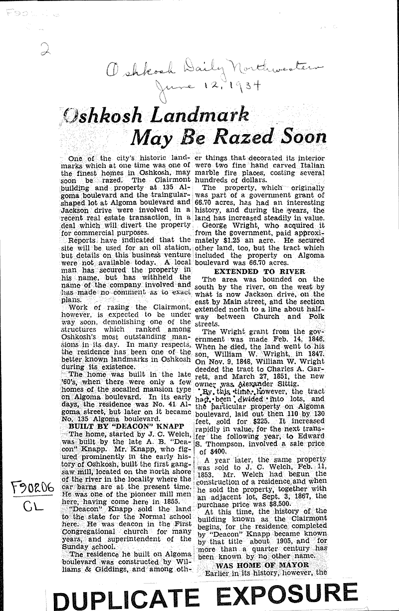  Source: Oshkosh Daily Northwestern Topics: Architecture Date: 1934-06-12