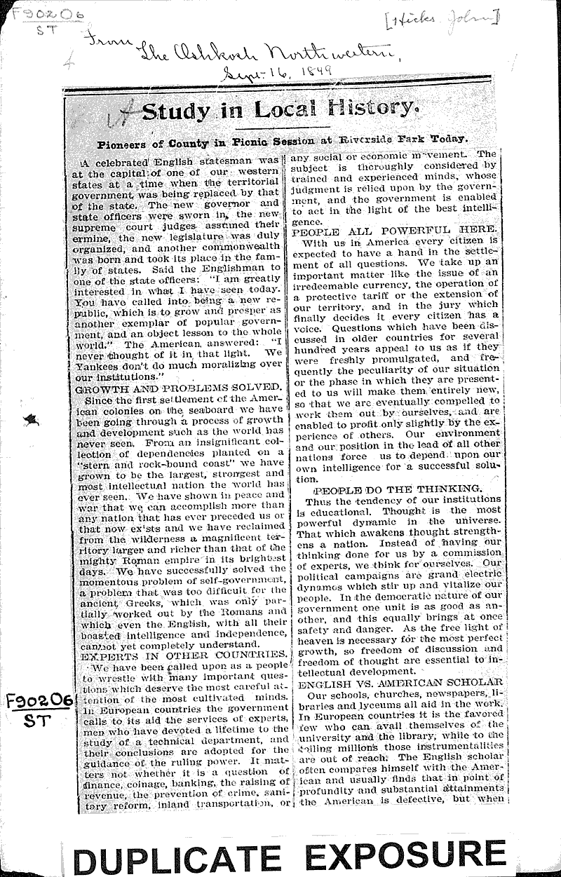 Study in local history Source: Oshkosh Northwestern Date: 1849-09-16