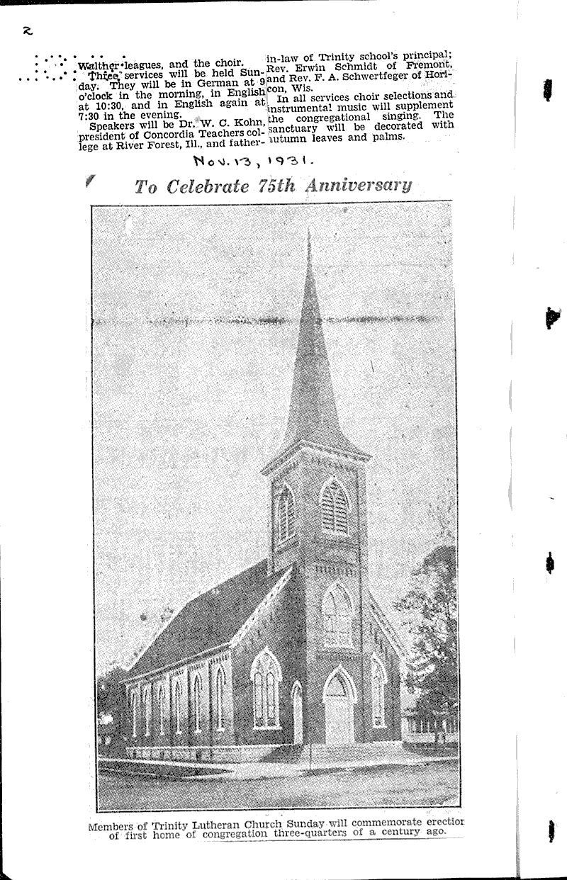 Oshkosh church to celebrate its 75th anniversary Source: Oshkosh Daily Northwestern Topics: Church History Date: 1931-11-13