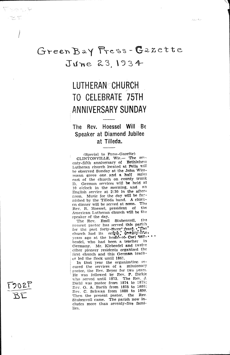  Source: Green Bay Press Gazette Topics: Church History Date: 1934-06-23