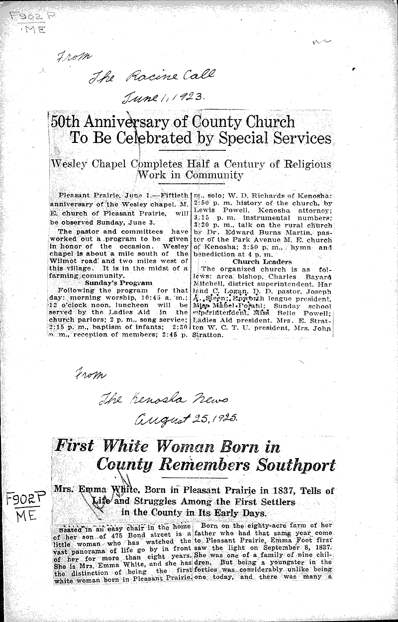  Source: Racine Times Call Topics: Church History Date: 1923-06-01