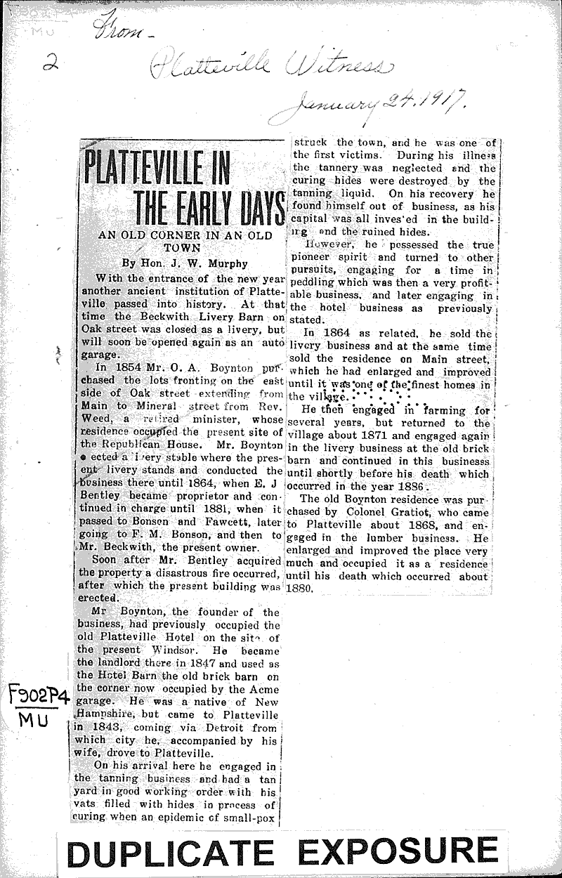 Platteville in early days Newspaper Article/Clipping Wisconsin