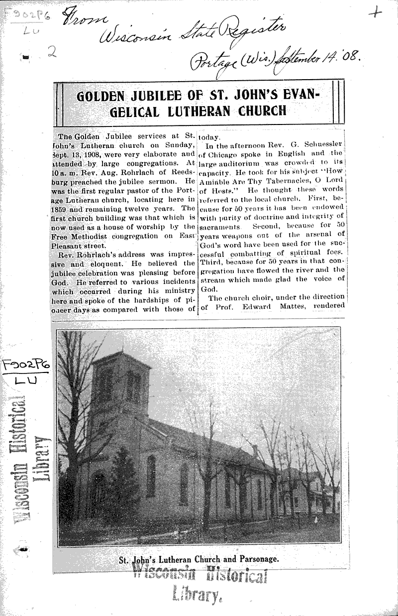 Golden jubilee of St. John's Evangelical Lutheran church Source: Wisconsin State Register Topics: Church History Date: 1908-09-14