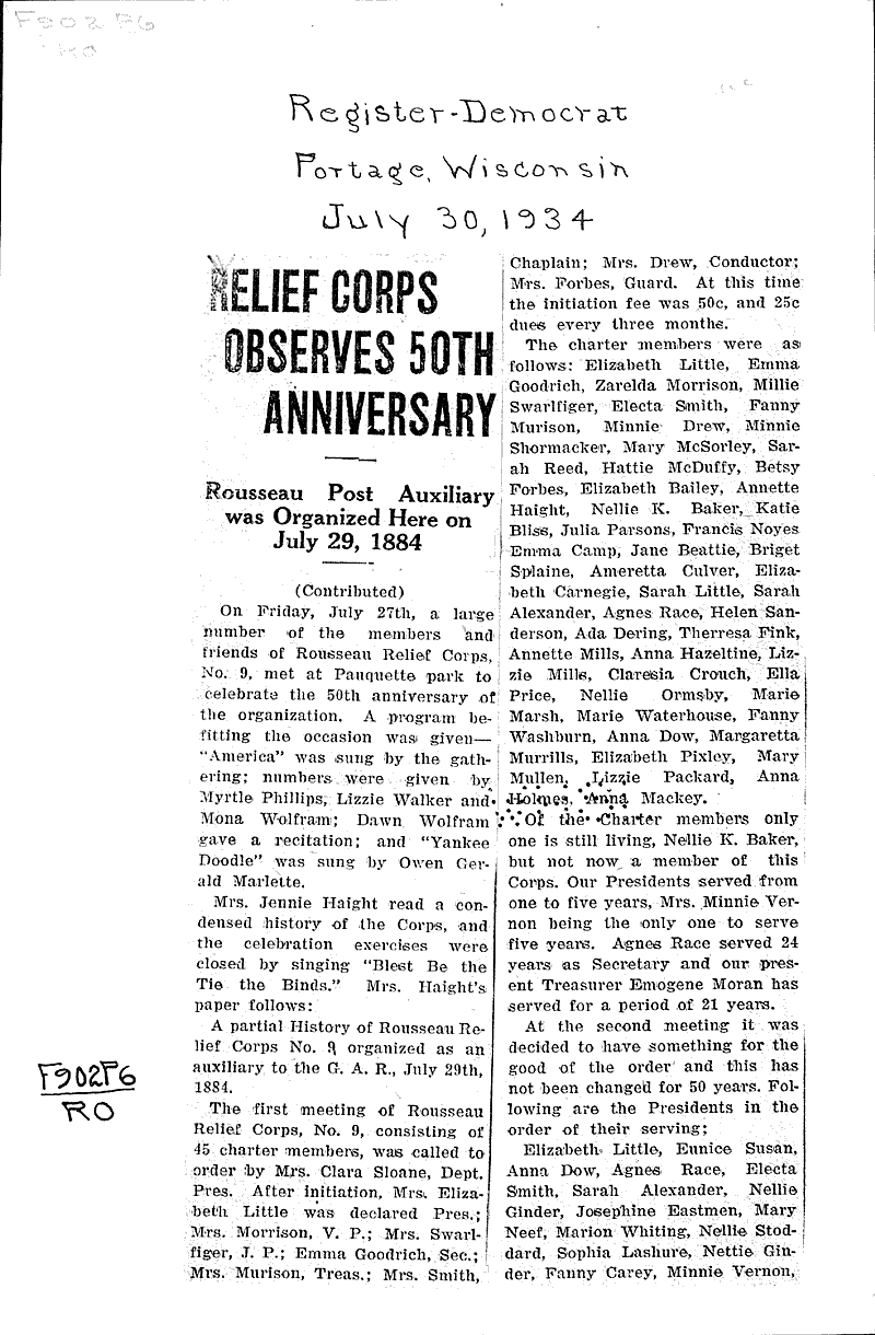 Relief corps observe 50th anniversary Source: Register Democrat Topics: Government and Politics Date: 1934-07-30