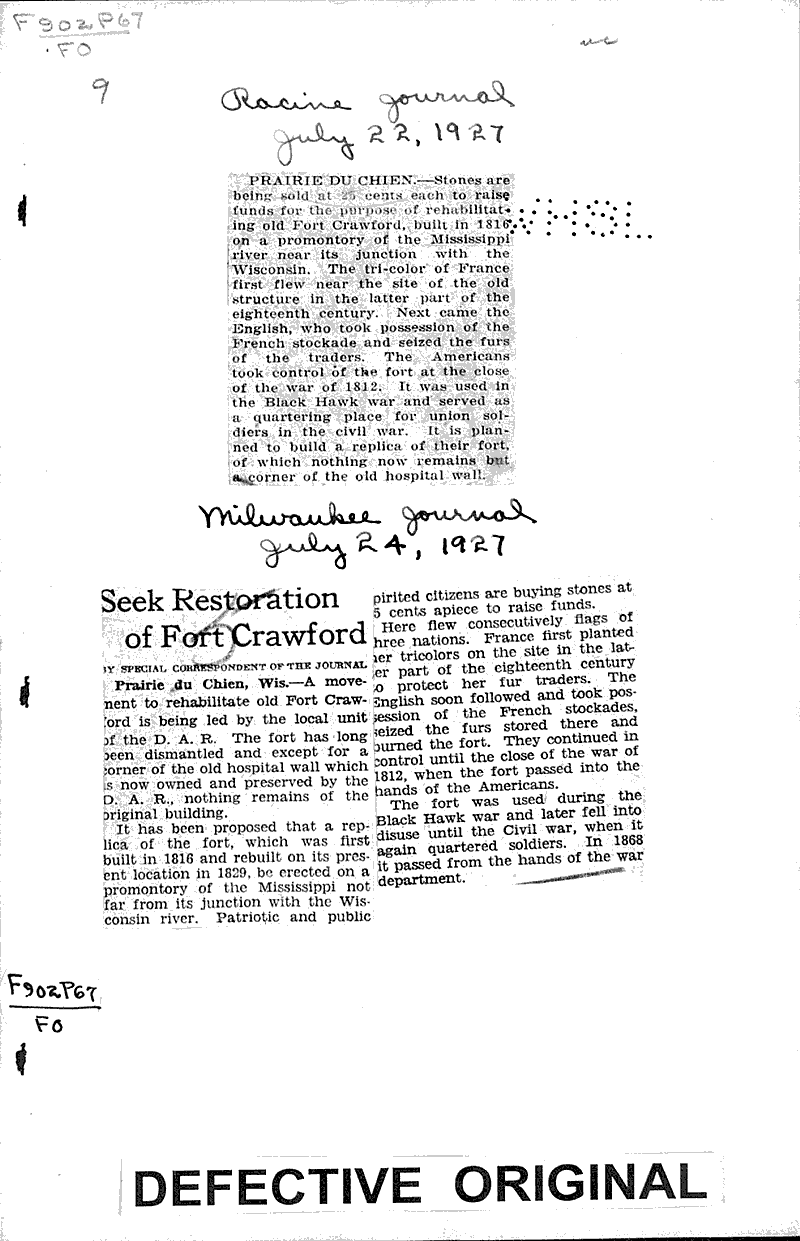 Seek restoration of Fort Crawford Source: Milwaukee Journal Topics: Architecture Date: 1927-07-24