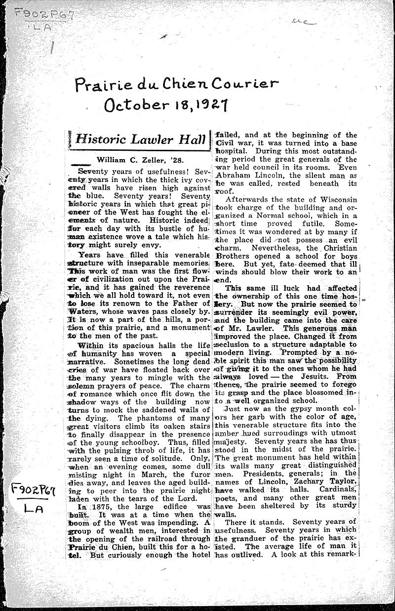 Historic Lawler Hall Source: Prairie du Chien Courier Topics: Architecture Date: 1927-10-18