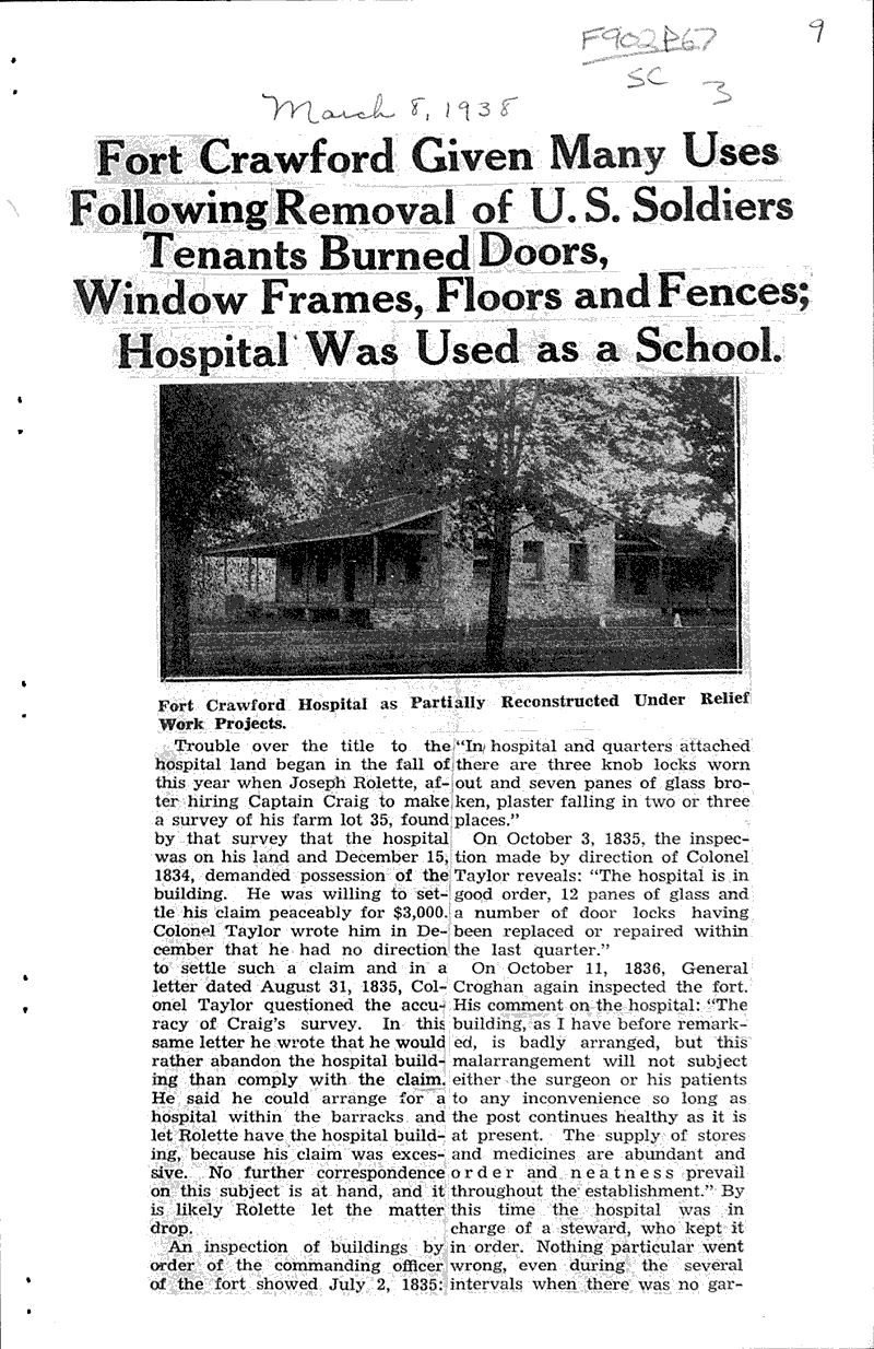 Fort Crawdford given many uses following removal of U.S. soldiers Topics: Architecture Date: 1938-03-08
