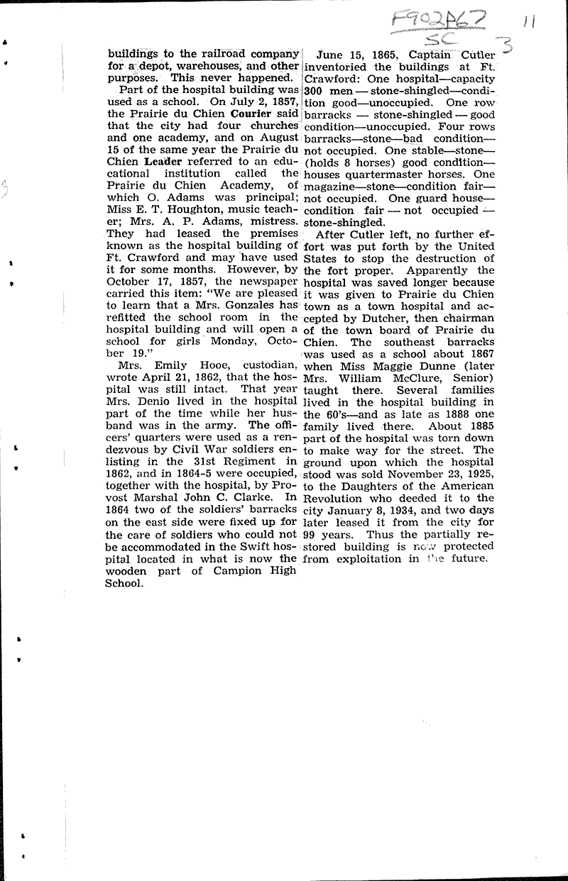 Fort Crawdford given many uses following removal of U.S. soldiers Topics: Architecture Date: 1938-03-08