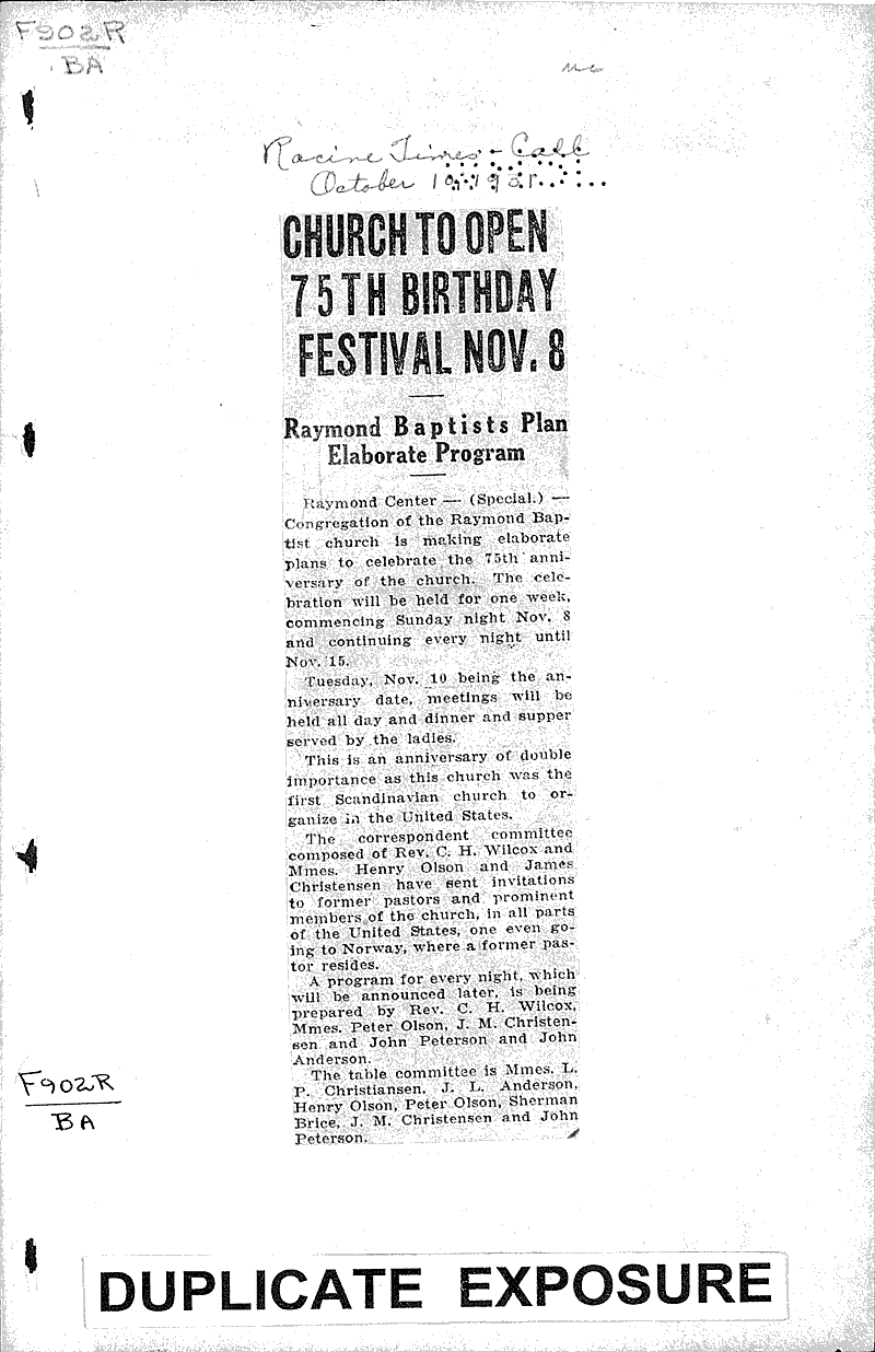  Source: Racine Times Call Topics: Church History Date: 1931-10-10