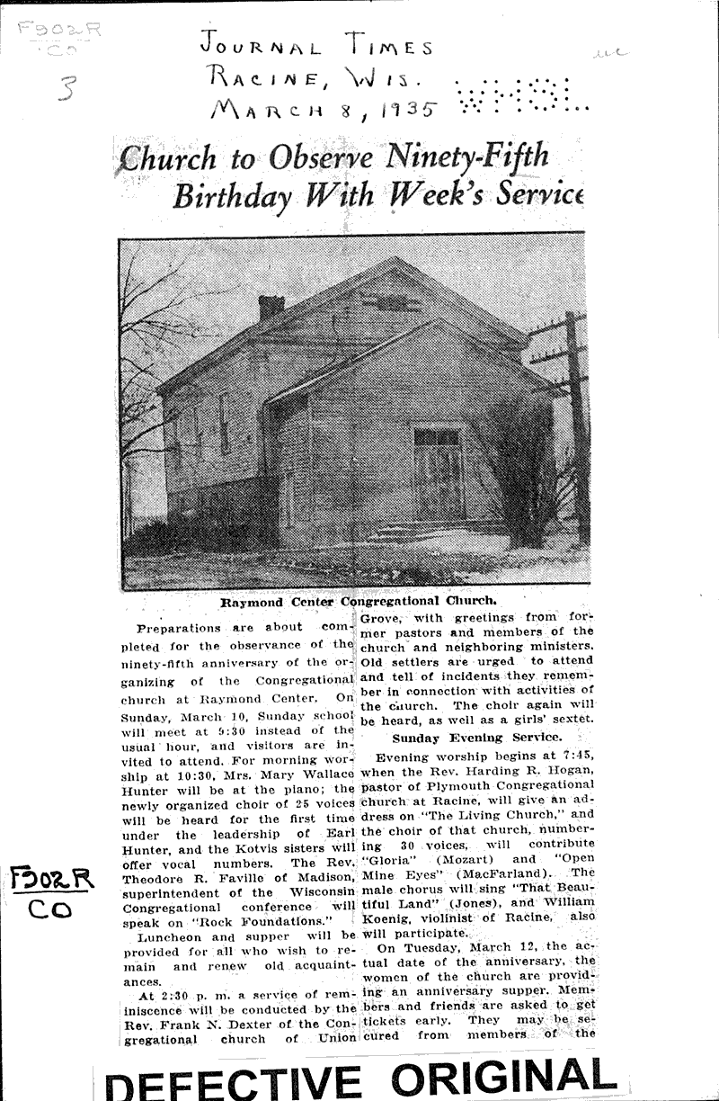  Source: Racine Journal-Times Topics: Church History Date: 1935-03-08