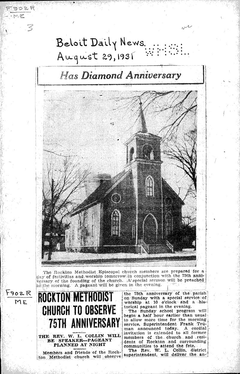  Source: Beloit Daily News Topics: Church History Date: 1931-08-29
