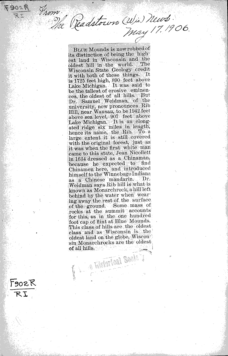 Blue Mounds are no longer considered to be tallest in Wisconsin  Date: 1906-05-17