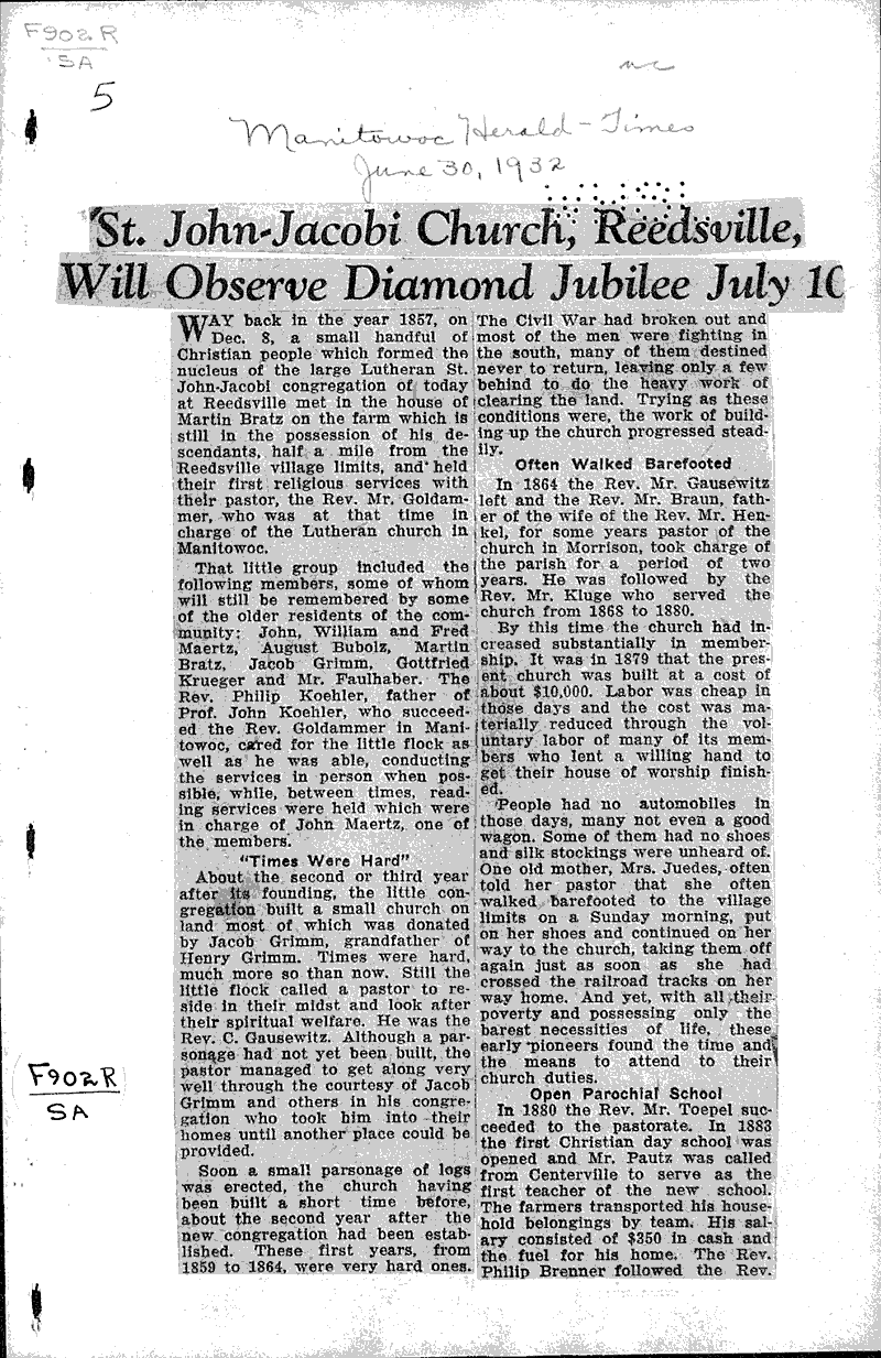  Source: Manitowoc Herald Times Topics: Church History Date: 1932-06-30