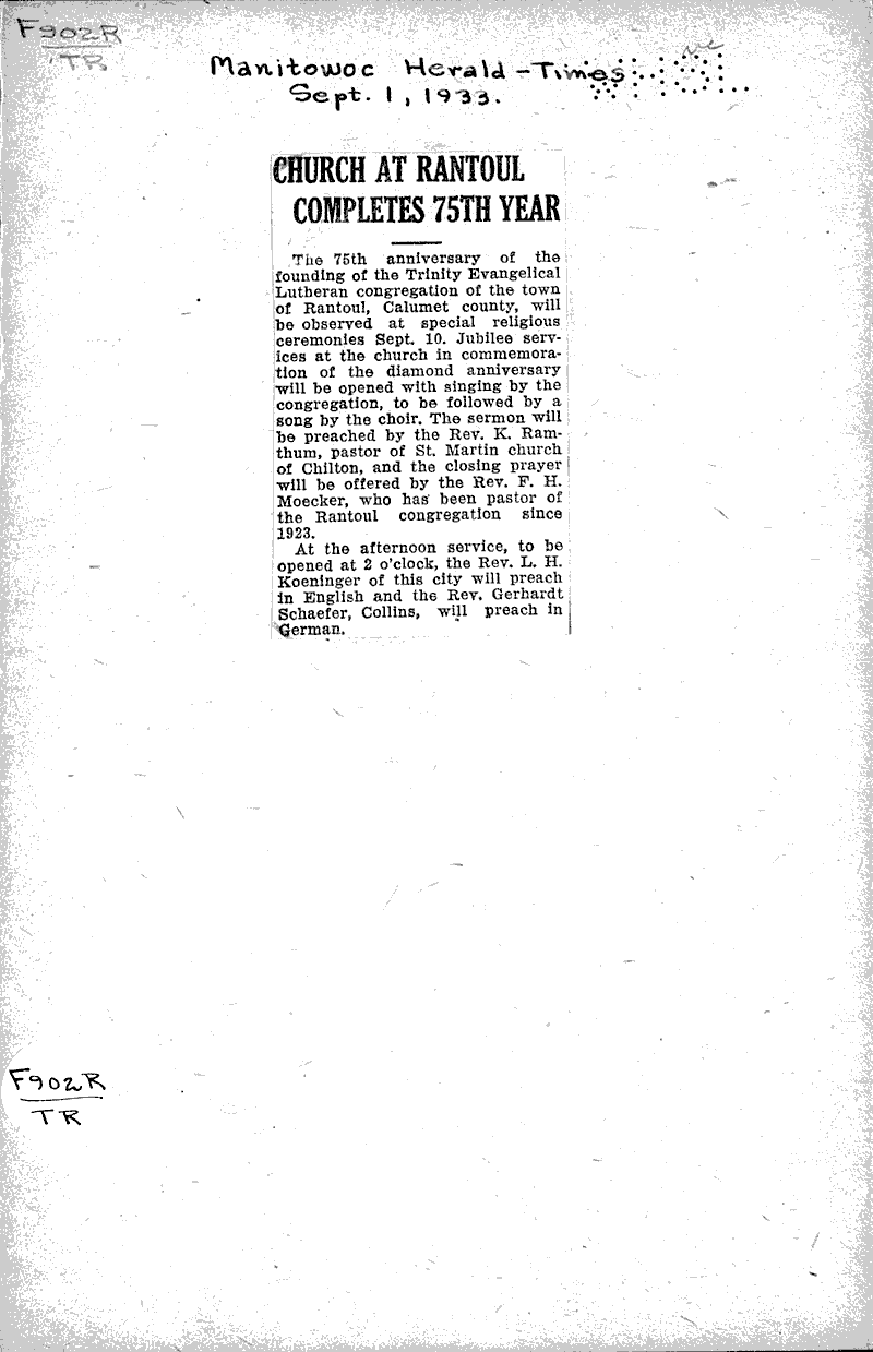 Church at Rantoul completes 75th year Source: Manitowoc Herald Times Topics: Church History Date: 1933-09-01