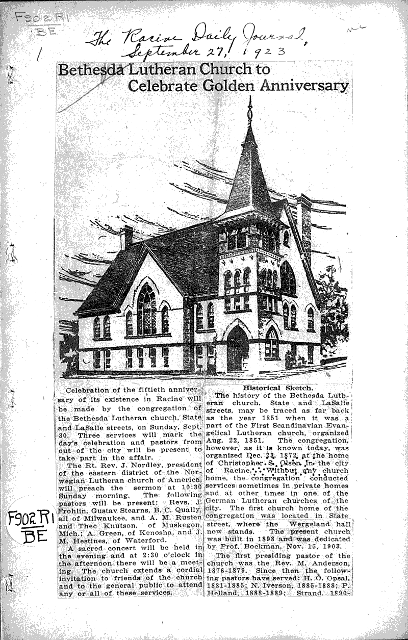  Source: Racine Daily Journal Topics: Church History Date: 1923-09-27