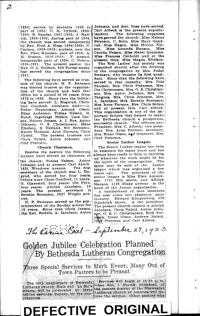 Golden jubilee celebration planned by Bethesda Lutheran congregation Source: Racine Call Topics: Church History Date: 1923-09-27