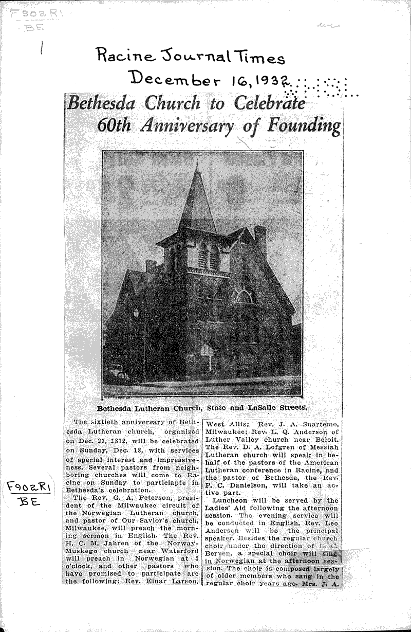  Source: Racine Journal-Times Topics: Church History Date: 1932-12-16