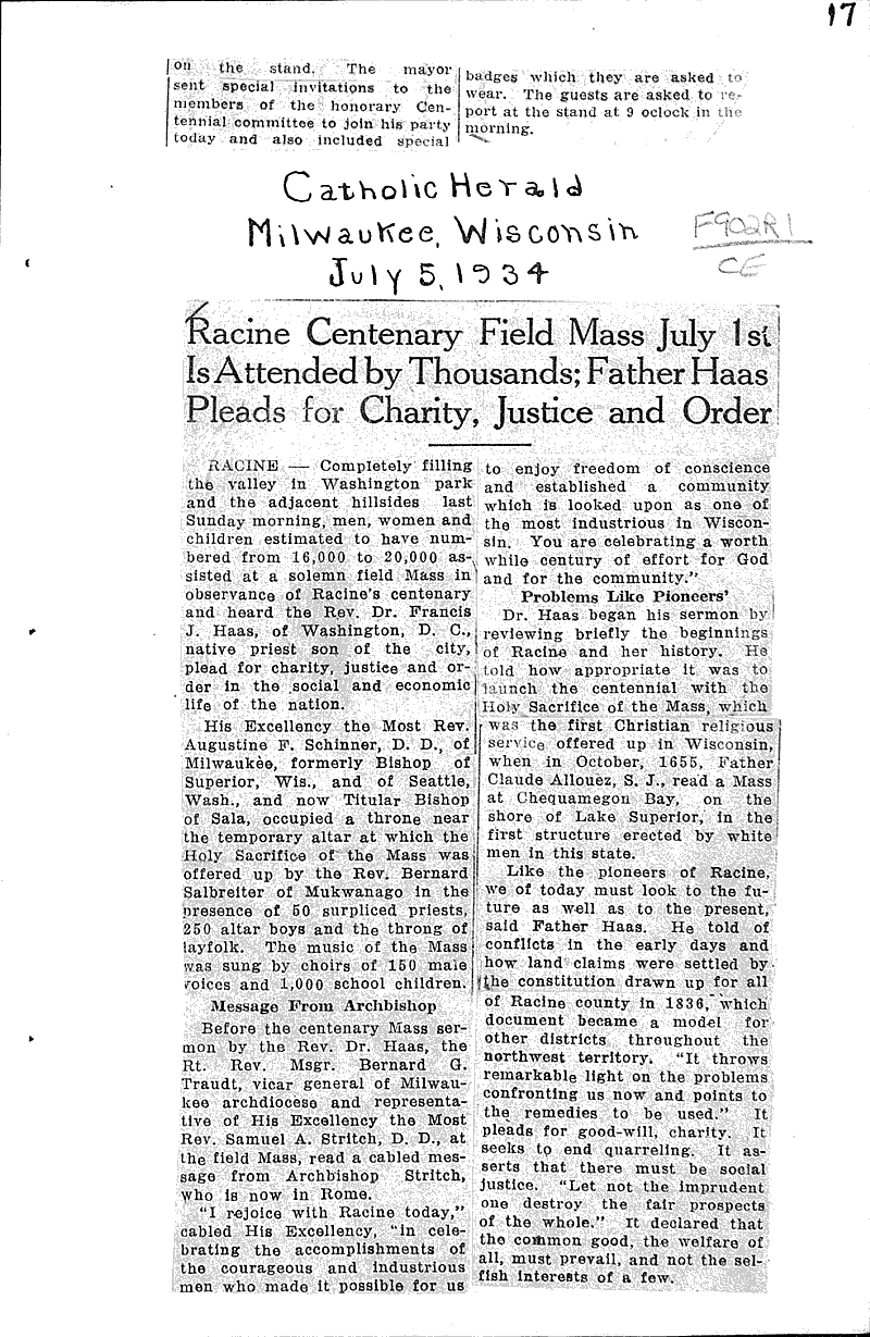  Source: Catholic Herald Topics: Church History Date: 1934-07-05