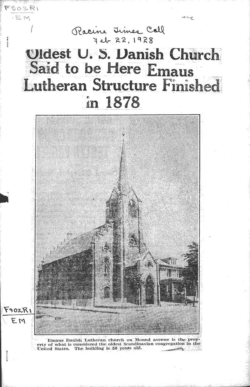  Source: Racine Times Call Topics: Church History Date: 1928-02-22