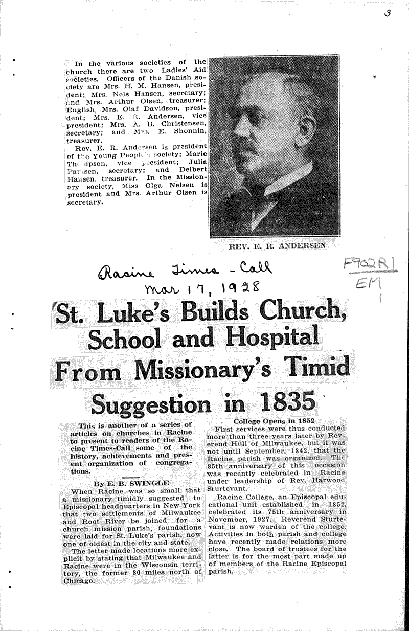  Source: Racine Times Call Topics: Church History Date: 1928-02-22