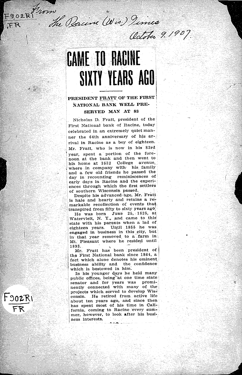Came to Racine sixty years ago Source: Racine Times Date: 1907-10-09