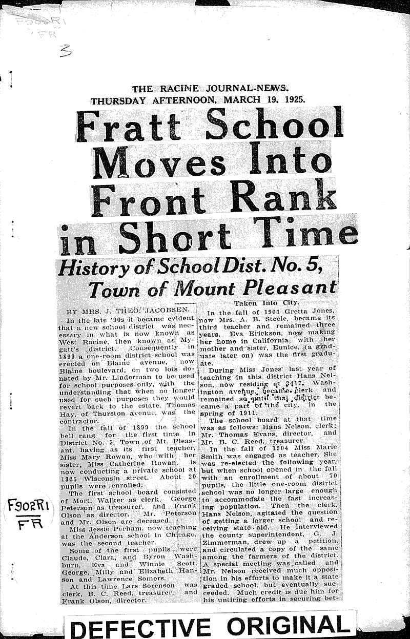  Source: Racine Journal-News Topics: Education Date: 1925-03-19