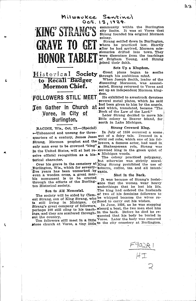  Source: Milwaukee Sentinel Topics: Church History Date: 1929-10-13