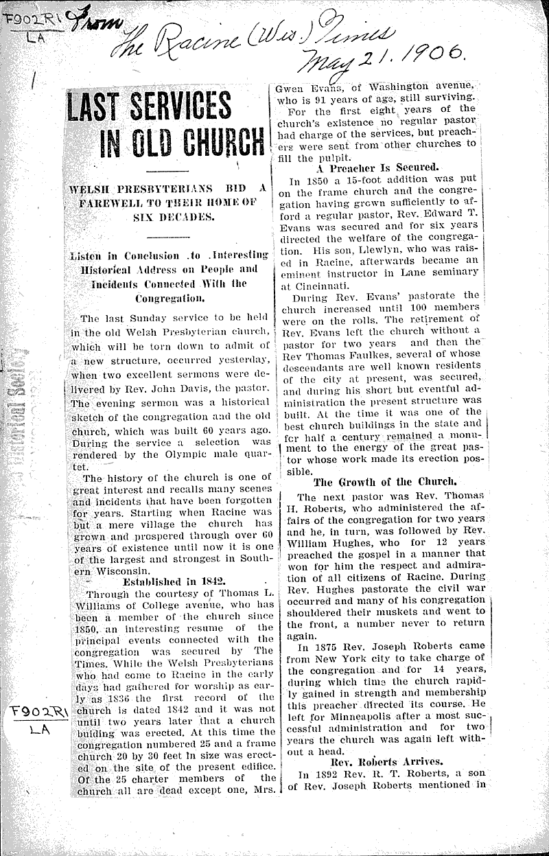  Source: Racine Times Topics: Church History Date: 1906-05-21
