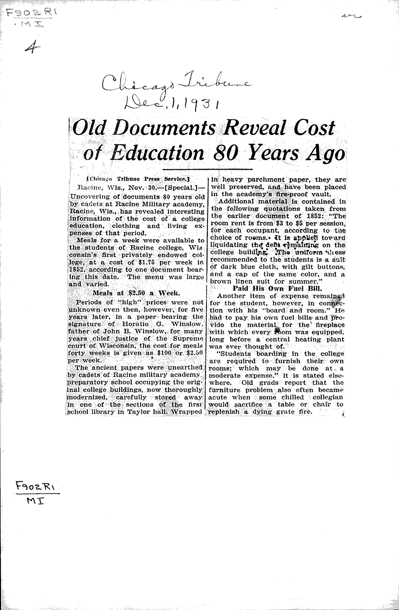 Old documents reveal cost of education 80 years ago Source: Chicago Tribune Topics: Education Date: 1931-12-01