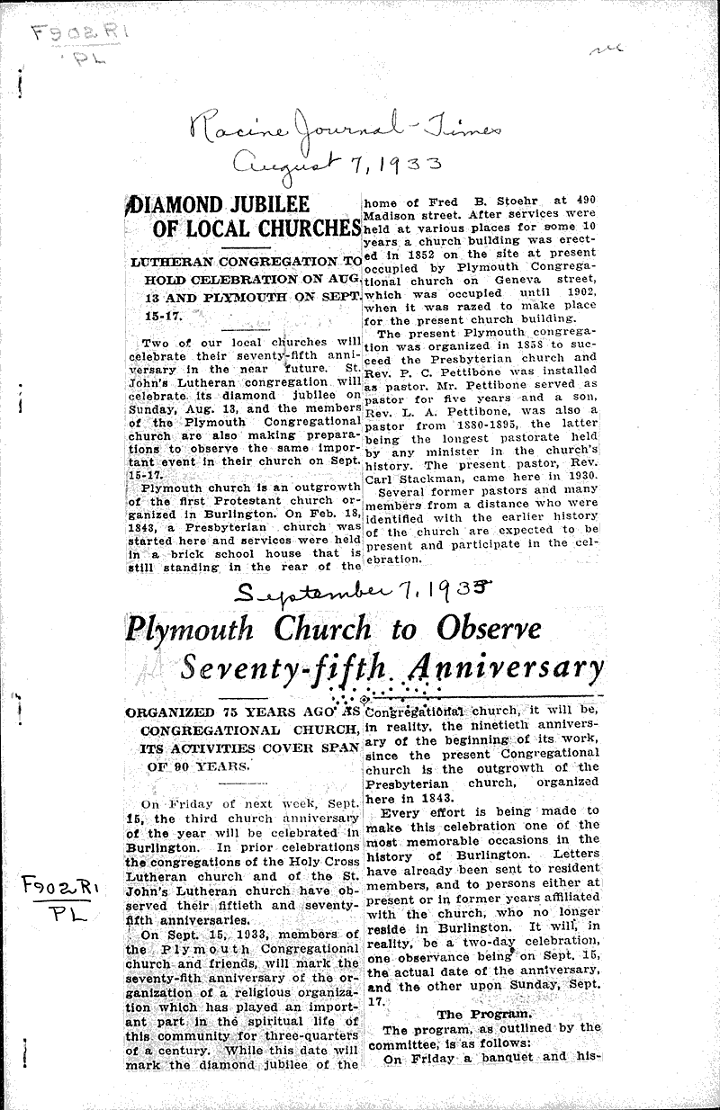  Source: Racine Journal-Times Topics: Church History Date: 1933-09-07