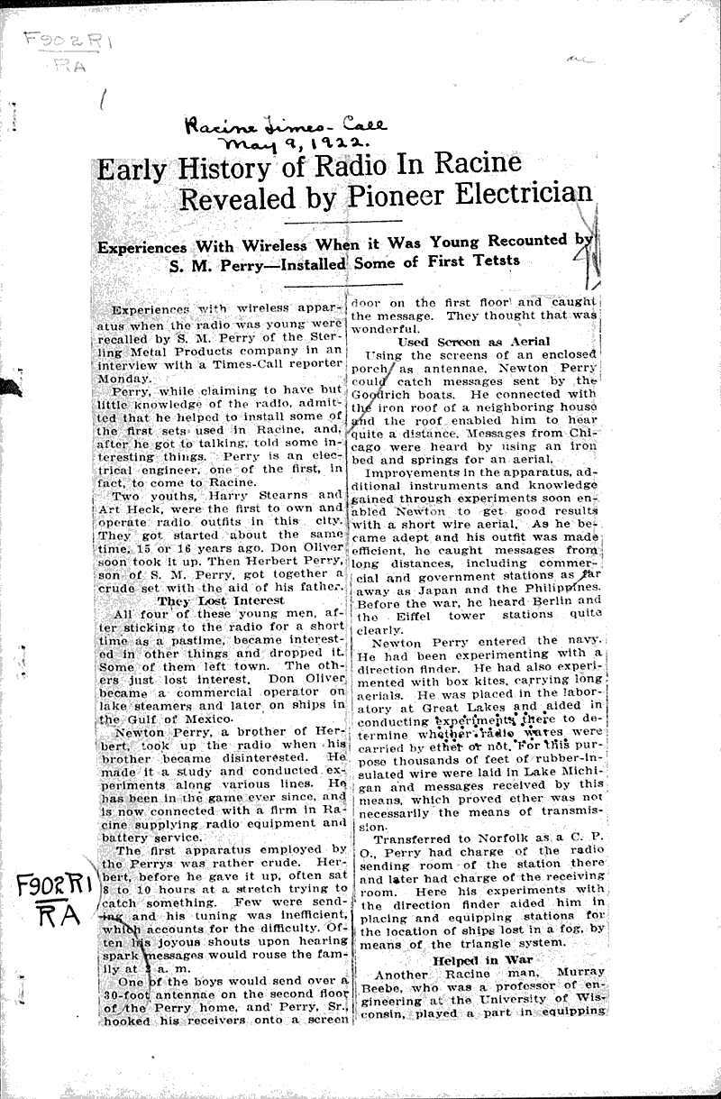  Source: Racine Times Call Date: 1922-05-09